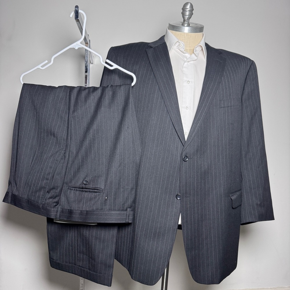 Jones New York Suit Mens 56L 50W Charcoal Grey Pinstripe 2 Button Flat Front